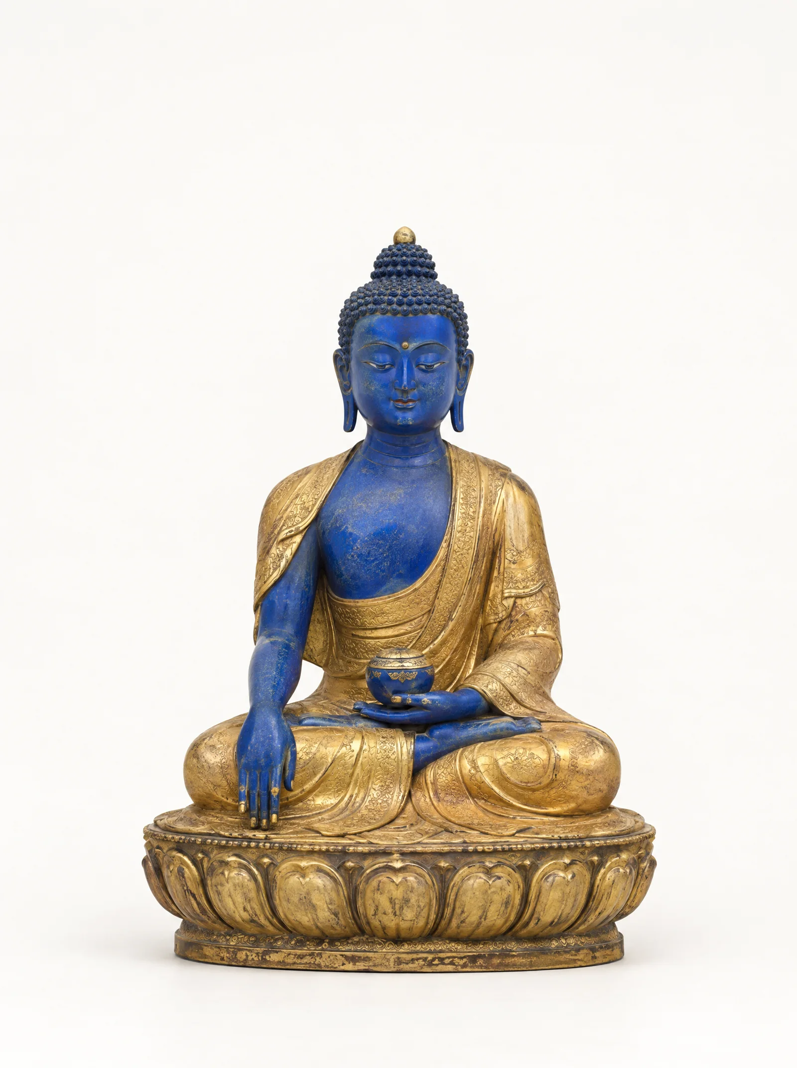 A seated Medicine Buddha with a lapis-blue body and gold robes holding a small bowl