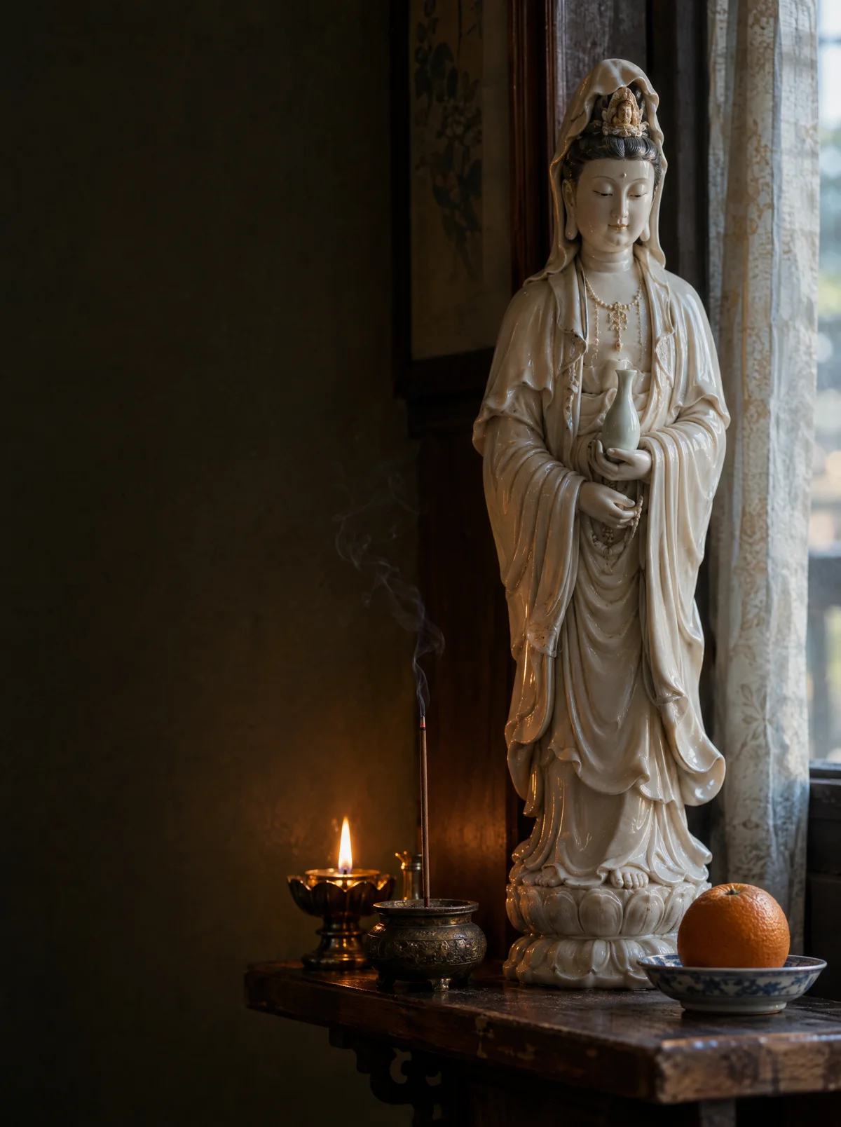 A white porcelain Guan Yin on a small home shelf, incense burning beside her and an orange on a plate