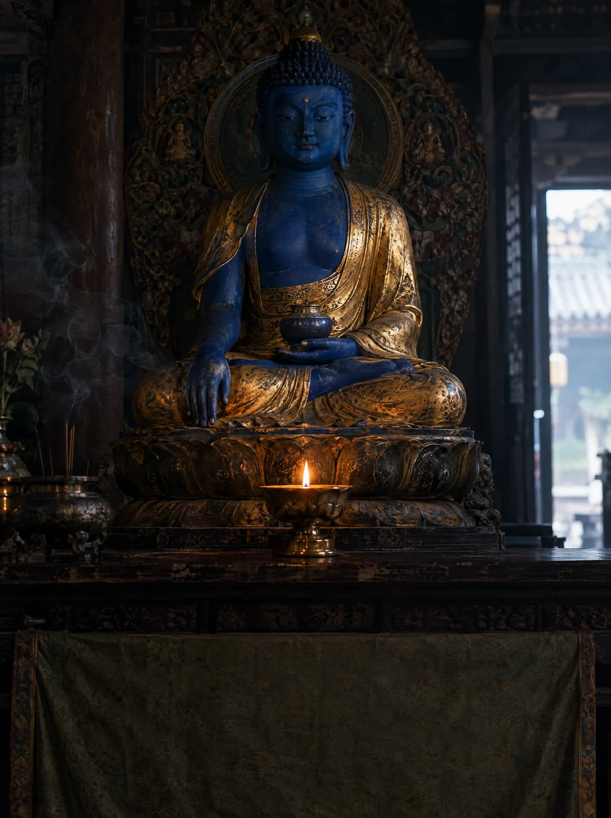 A seated Medicine Buddha statue, lapis blue and gold, holding a small bowl, one oil lamp lit in front