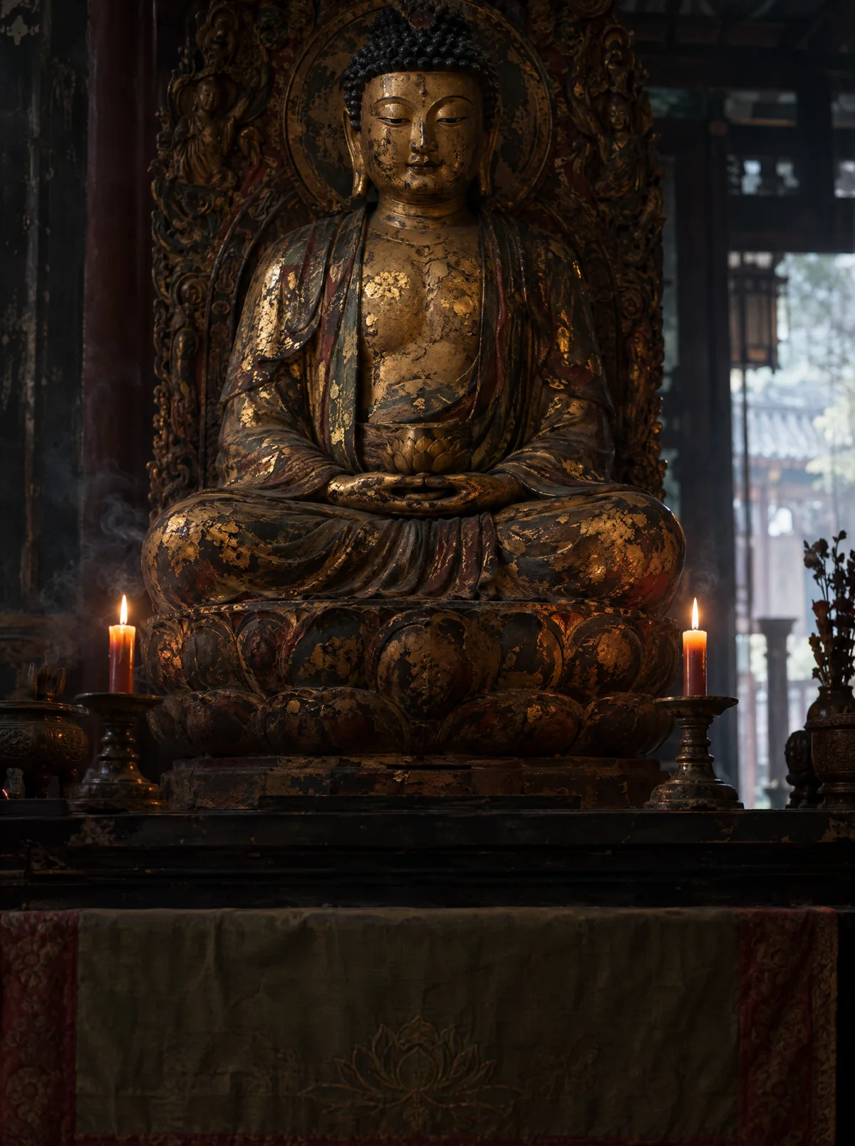 A gilded wooden Amitabha Buddha seated in meditation between two candles