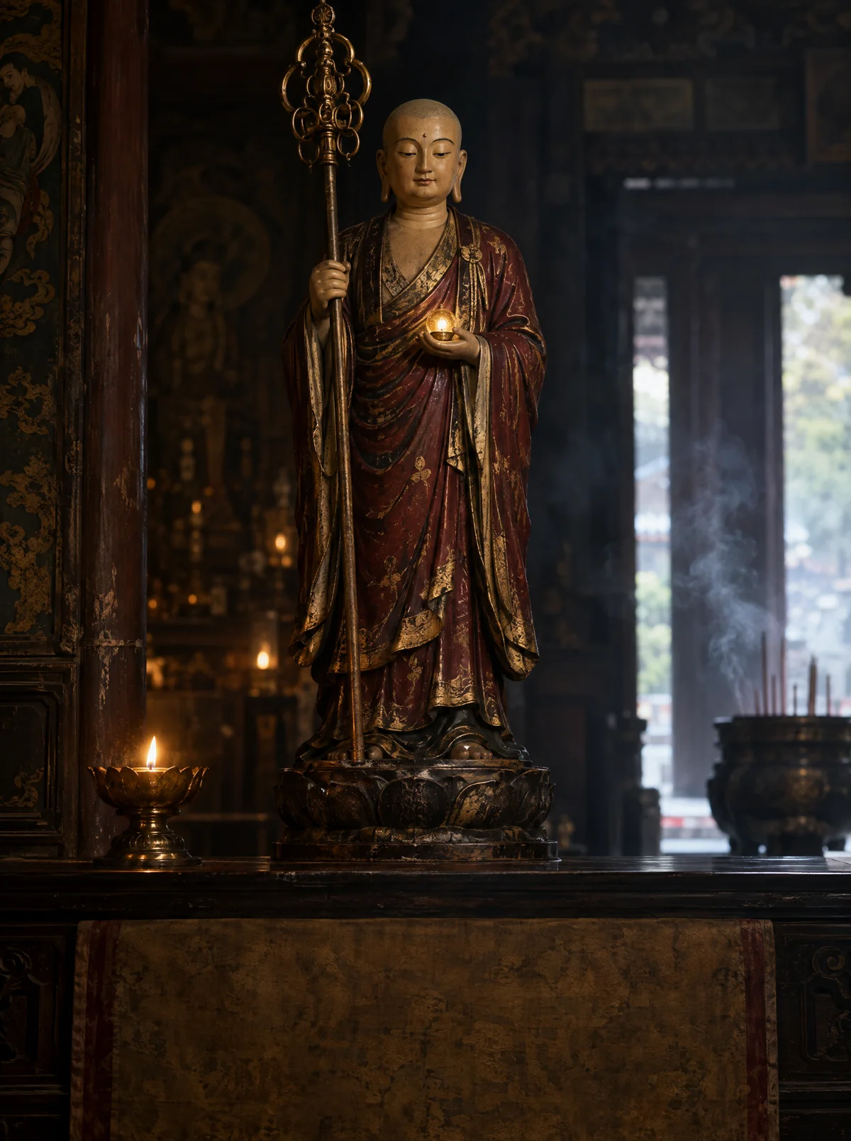 A standing Ksitigarbha statue as a monk in red and gold robes, holding a ringed staff and a small glowing jewel