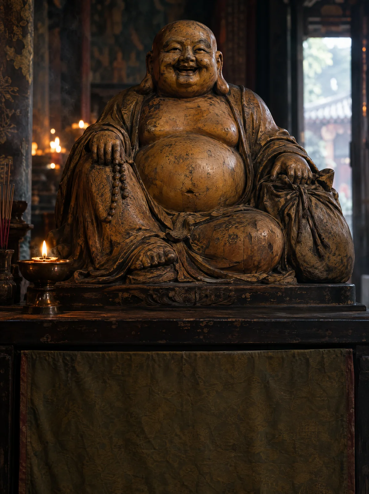 A laughing Buddha carved in worn honey-coloured wood, big belly, a cloth sack beside him
