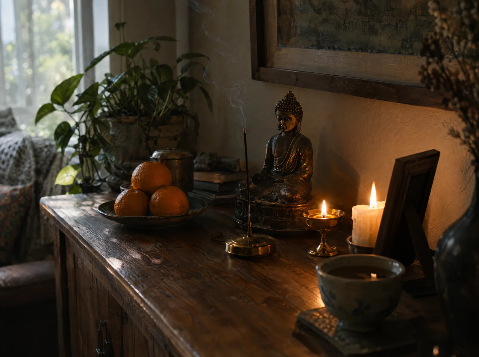 A small home altar on a wooden sideboard: a seated Buddha, a stick of incense, a lit oil lamp, three oranges, a cup of tea