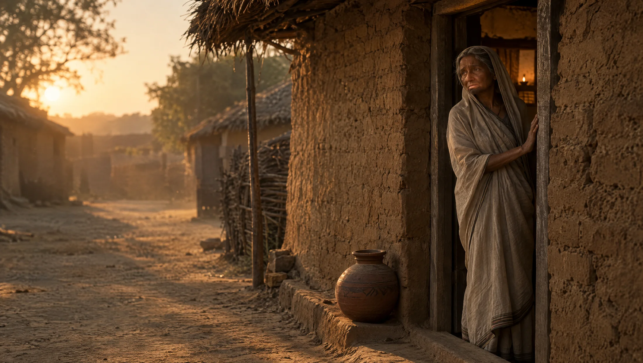 An old woman standing in the doorway of a mud-brick house, hand on the frame, late sun on the lane