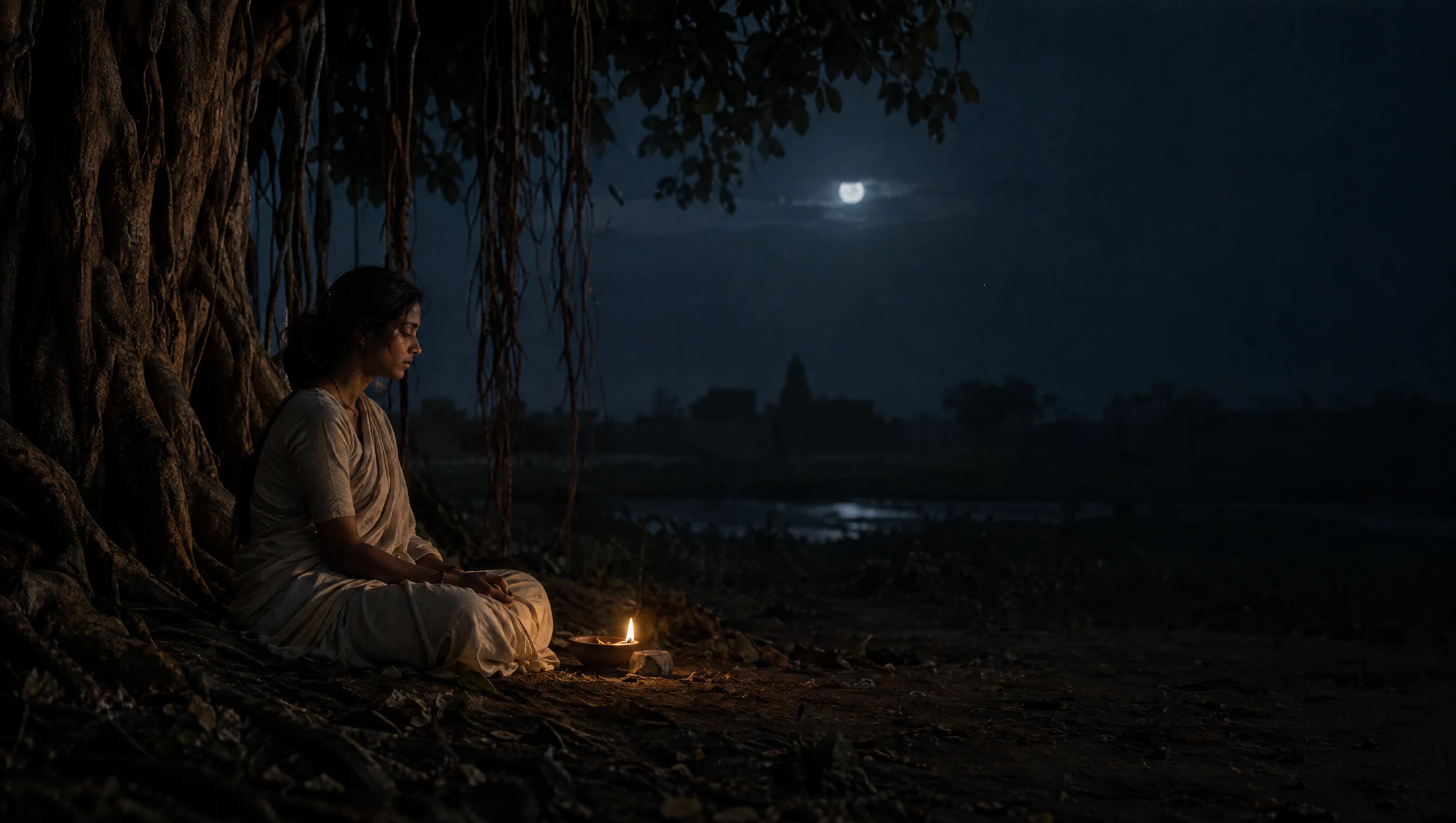 The woman sitting quietly at night under the banyan tree beside a small oil lamp, hands empty in her lap